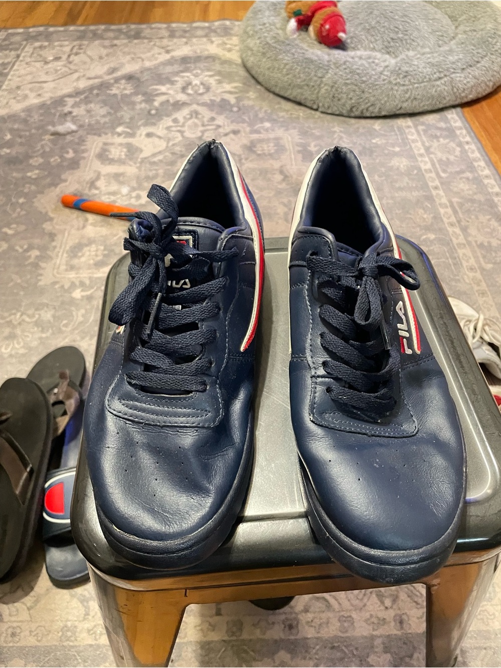 Fila Navy Leather Low-Top Sneakers with Red and White Trim